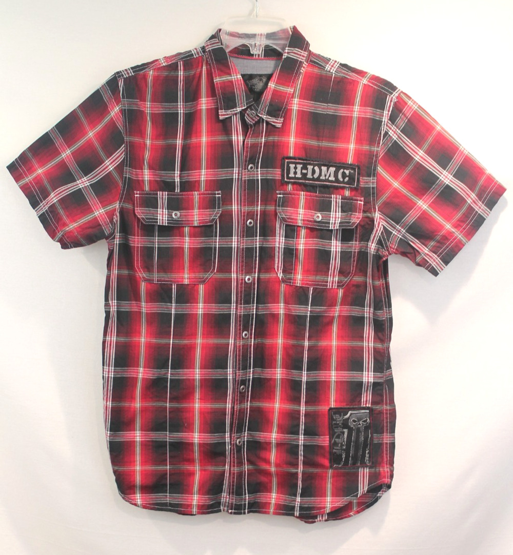 Harley-Davidson Shirt Mens size L Red Plaid H-DMC Patch Snap Up Biker Punk Y2K